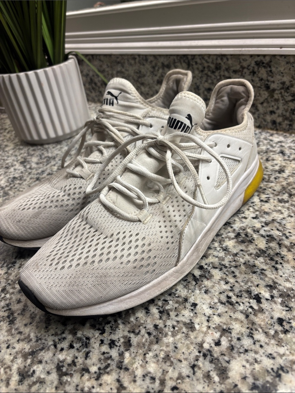 Puma Men’s Off-White Knit Sneakers with Yellow Heel Accent